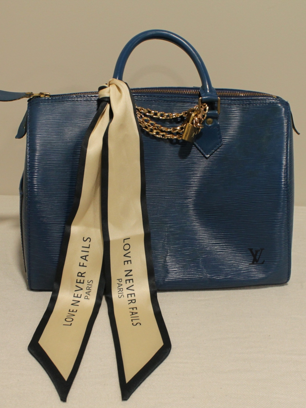 Louis Vuitton Blue Epi Leather Satchel with Scarf and LV Lock On Gold Chain